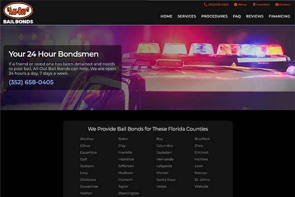 Screenshot of the All-Out Bail Bonds Website